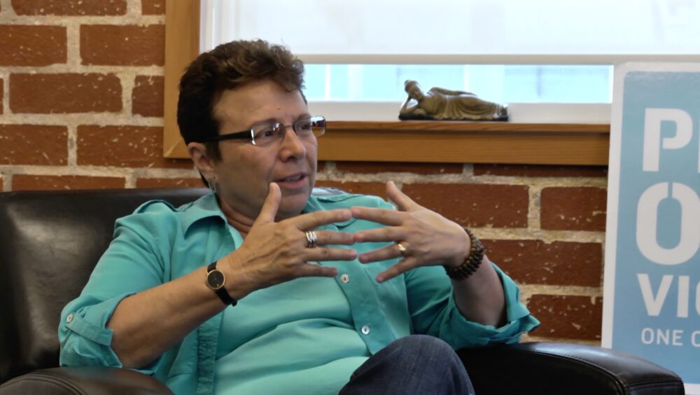 patti giggans of peace over violence during a when interview with david roy in los angeles ca